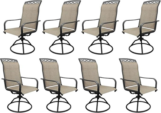 SHGJ&SOFT Patio Swivel Chairs, Waterproof Outdoor Dining Chairs with All-Weather Textilene Mesh for Deck, Garden, and Backyard (Patterned backrest-Brown, Set of 8)