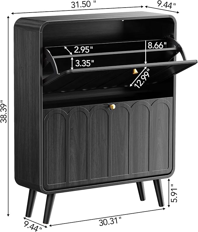 Decofy Shoe Cabinet with 2 Flip Drawers, Expanded Panel for Long Footwear, Freestanding Shoe Storage Cabinet with 3-Gear Adjustable Shelves, Narrow Shoe Cabinets for Entryway, Solid Wood Legs, Balck