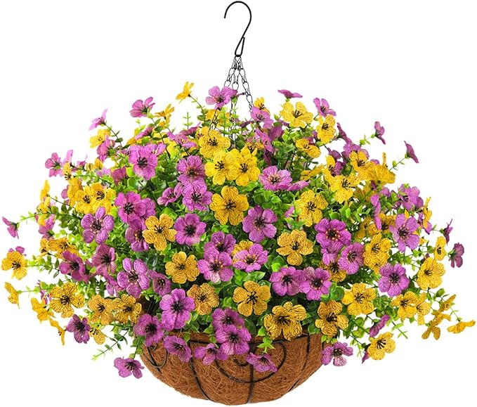 ZFProcess Artificial Faux Hanging Plants Flowers Basket for Spring Outdoor Decoration, Fake Silk Daisy in Planter Realistic UV Resistant Look Real for Porch Home Patio Balcony Yard(Purple Yellow)