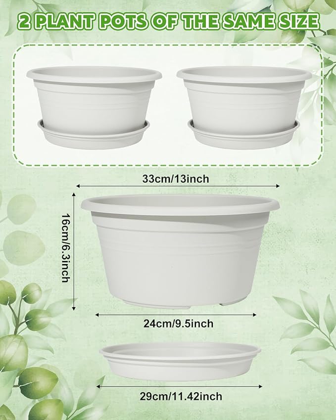 VIDELLY 13 Inch Large Flower Pots 2-Pack, Beige Plastic Planters with Drainage Hole & Tray, Indoor Outdoor Modern Plant Pots for House Plants, Garden, Patio, Office Home Decor