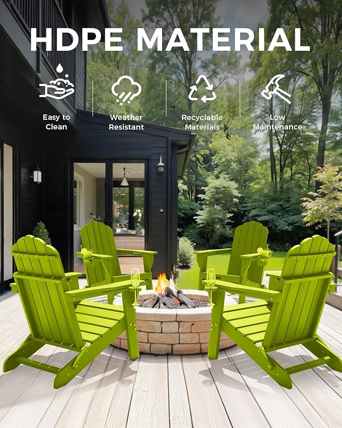AEesdom Adirondack Chairs Set of 2, HDPE Material Fire Pit Chairs, Plastic Adirondack Chairs with 2 Cup Holder, Outdoor Lawn Chair for Patio Garden, LemonGreen