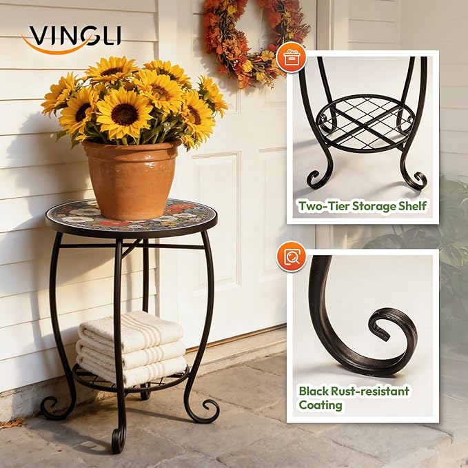 VINGLI Outdoor Side Table for Patio, Small Outdoor Table with Storage Shelf, Heavy Duty Metal Frame Patio Side Table for Outside Balcony Garden Porch