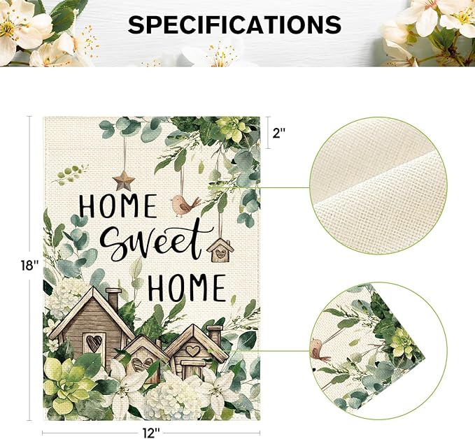 AVOIN colorlife Home Sweet Home Birdhouse Spring Floral Garden Flag 12x18 Inch Double Sided Outside, Eucalyptus Flowers Seasonal Yard Outdoor Flag