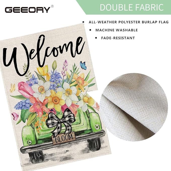 GEEORY Butterfly & Daffodil Hyacinths Floral Truck Welcome Garden Flag 12x18 Inch, Double Sided Spring Summer Decor, Farmhouse Rustic Outdoor Flag Outside Yard Lawn Decoration