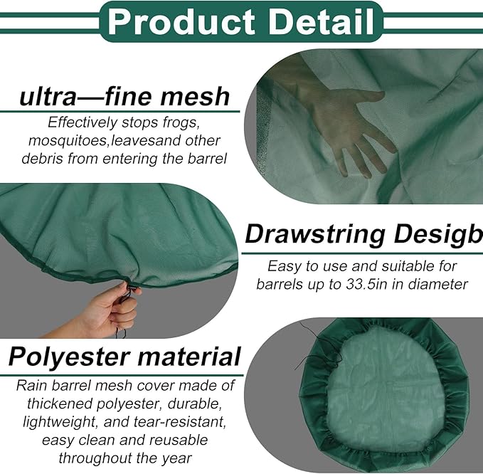 39“ Mesh Cover for Rain Barrel with Drawstring 2Pcs Rain Water Bucket Screen to keep Leaves and Debris from Falling into Bucket Green