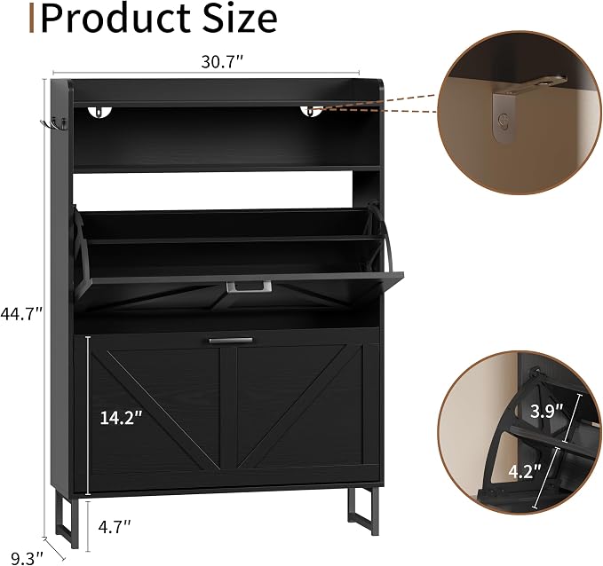 Xixini Shoe Storage Cabinet with 2 Flip Drawers, Entryway Shoe Rack, Black