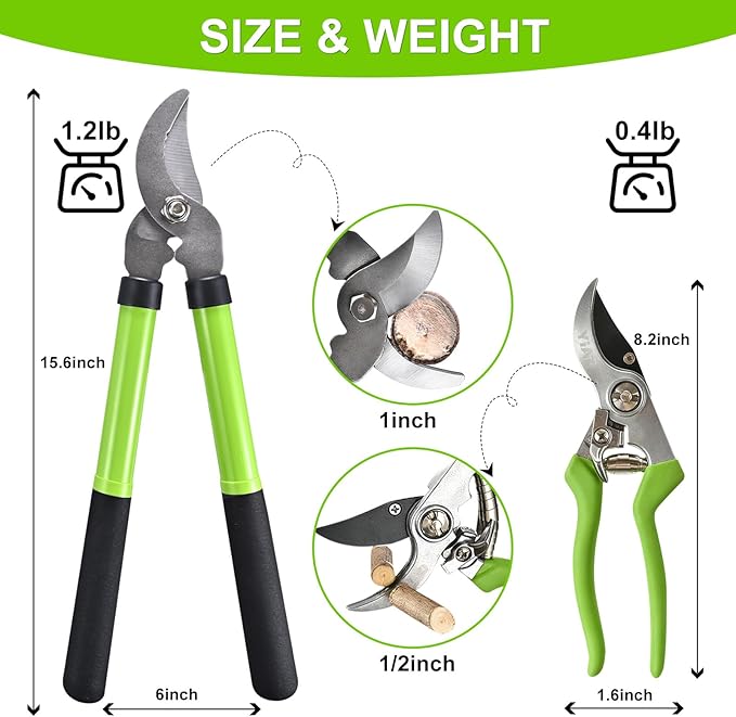 Loppers for Tree Trimmer 15" Branch Cutter and Garden Shears Set Bypass Pruning Shears,Rust-Resistant Clipper,1.5" Diameter Cut Capacity,Shock-Absorbing Handle,Gardening Pruners for Yard,Plant,Hedge