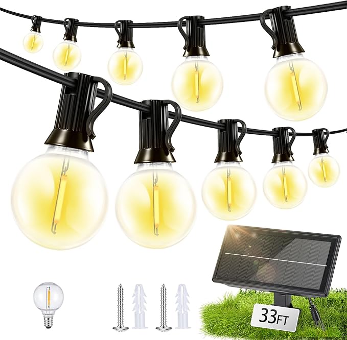 Solar Lights Outdoor Waterproof: G40 10M 33FT Shatterproof Bulbs Patio Lights - Solar Powered 3 Light Modes Solar Light - Camping Backyard Garden Deck Outside Yard