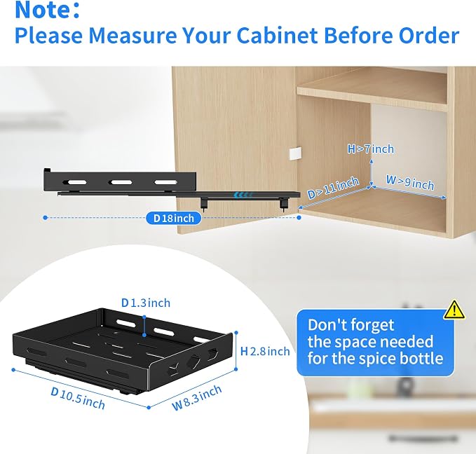 BOIVSHI Pull Out Spice Rack for Cabinet, 1 Tier, 8.4" Wx10.5 Dx2.8 H | Heavy Duty Metal Spice Rack Organizer for Pantry, Vertical Design Saves Space Inside the Cabinets, Black