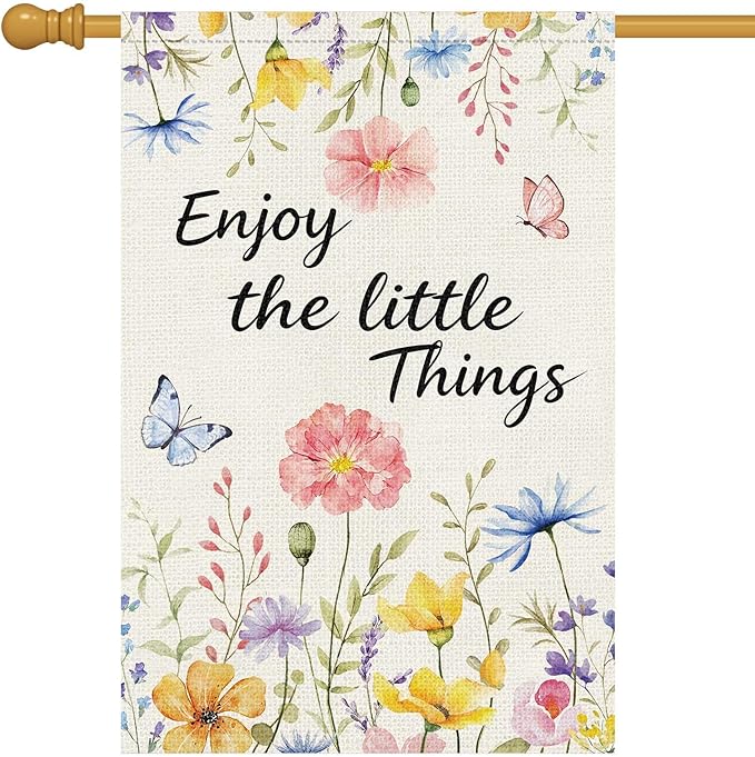 Louise Maelys Spring House Flag Enjoy The Little Things Butterfly Watercolor Flower Double Sided 28X40 Inch Floral Seasonal Welcome Small Burlap Holiday Yard Sign Outdoor Decor