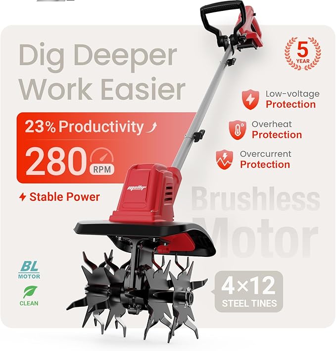Cordless Brushless Garden Tiller Cultivator Compatible with Milwaukee 18v Battery(Tool Only), 10’’ Wide 7’’ Deep Electric Soil Rototiller, 48-Tine Mini Rotary Aerator for Garden Beds &Soil Preparation