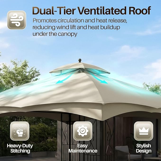 Flexzion Gazebo Cover Replacement Canopy Top 10x10 Ft (3m x 3m) - Double Tier Top Canopy Cover Replacement with UV30+, Dirt, Water Resistant for Outdoor, Sunshade, Garden, Patio, Pavilion (Ivory)