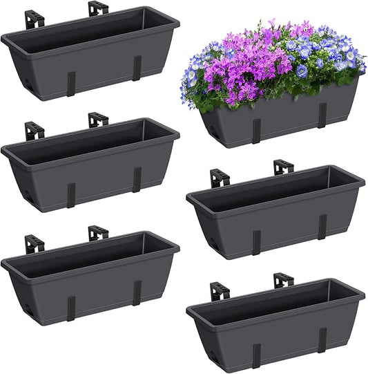 ETELI Deck Railing Planter Boxes 6 Pack Window Box with Brackets Adjustable Balcony Fence Planters Hanging Flower Boxes for Porch Patio Garden Outdoor, Grey & Black