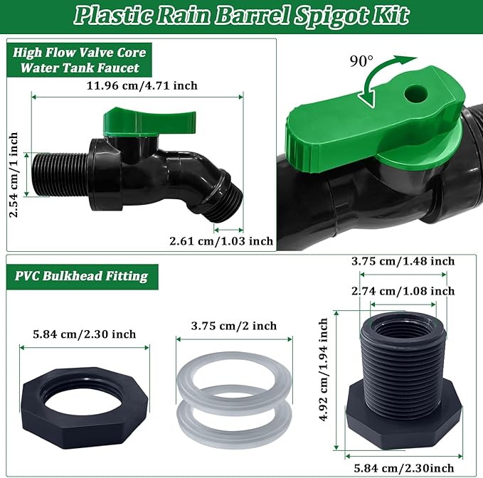 Plastics Rain Barrel Spigot Kit, High Flow Valve Core Water Tank Faucet+PVC Bulkhead Fitting,3/4 NPT to 3/4 GHT Rain Barrel Spigot for Plastic Bucket rainwater Drum Container Downspout Collector in