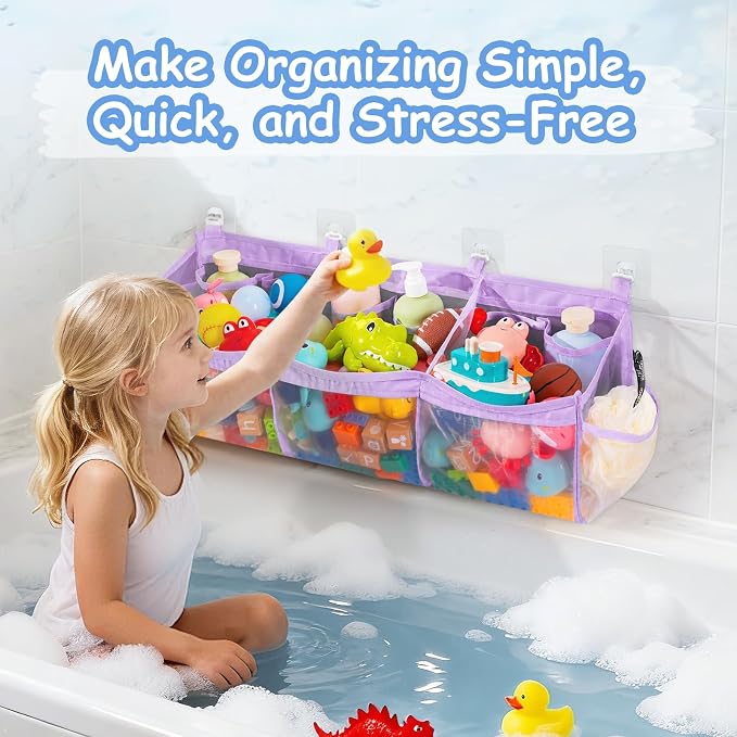 Criusia Extra Large Bath Toy Organizer with 3 Compartments and Multiple Pockets, Quick-Dry Mesh Bathtub Storage for Kids' Toys (Purple)