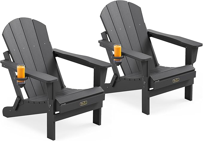 SERWALL Folding Adirondack Chair with Cup Holder Set of 2, All Weather Adirondack Chairs, Fire Pit Chairs for Patio Garden Outdoors Fire Pit - Gray