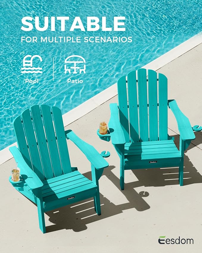 Adirondack Chairs Set of 6, Fire Pit Chairs, Wood Texture Patio Chairs with 2 Cup Holder, Outdoor Lawn Chair, Lakeblue