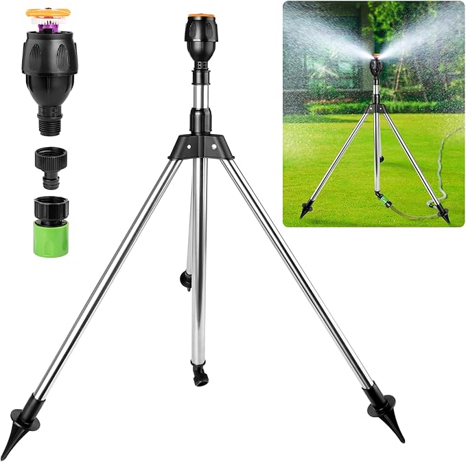 Rotating Tripod Sprinkler, Sprinklers for Lawn Garden Yard, 360 Degree Large Area Automatic Double-Sided Coverage, Telescoping Water Sprinkler with Metal Tripod Base