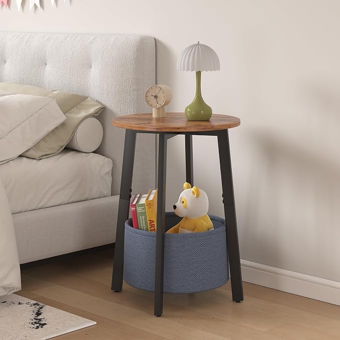 sthmec Small Round Side End Table with Storage Basket, Round Bedside Sofa Couch Coffee Tables for Small Places with Metal Frame, Modern Nighstands for Living Room Bedroom, Rustic Brown