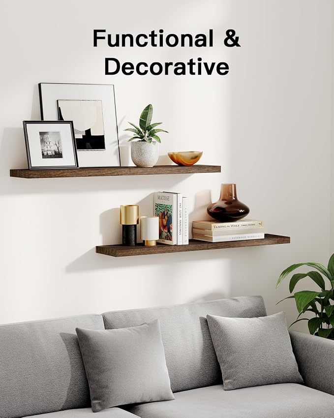 Amada Paulownia Wood Floating Shelves for Wall, Set of 4, Brown | Wall Shelves with Solid Metal Concealed Brackets, 22 lbs Capacity per Shelf, Includes Drilling Template, Flexible 4-Piece Set