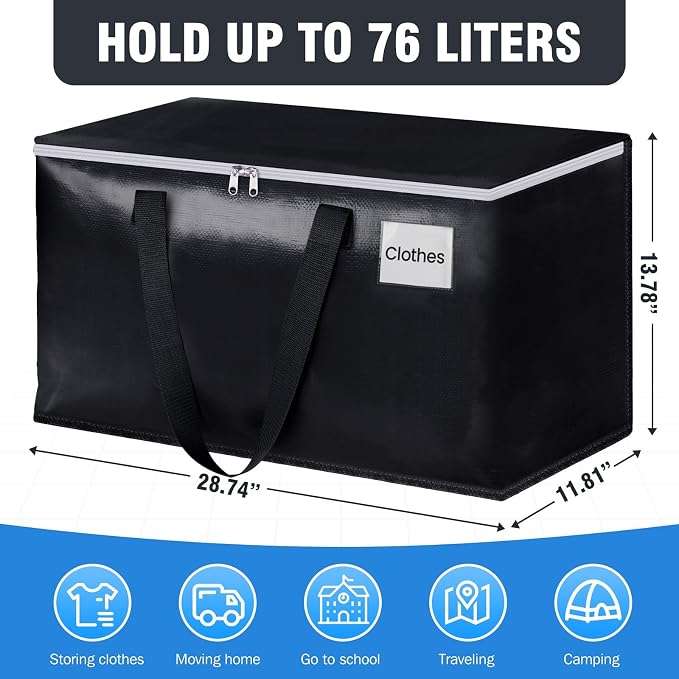 Heavy Duty Moving Bags, Extra Large Storage Bags, 76L, 4-Pack, Black