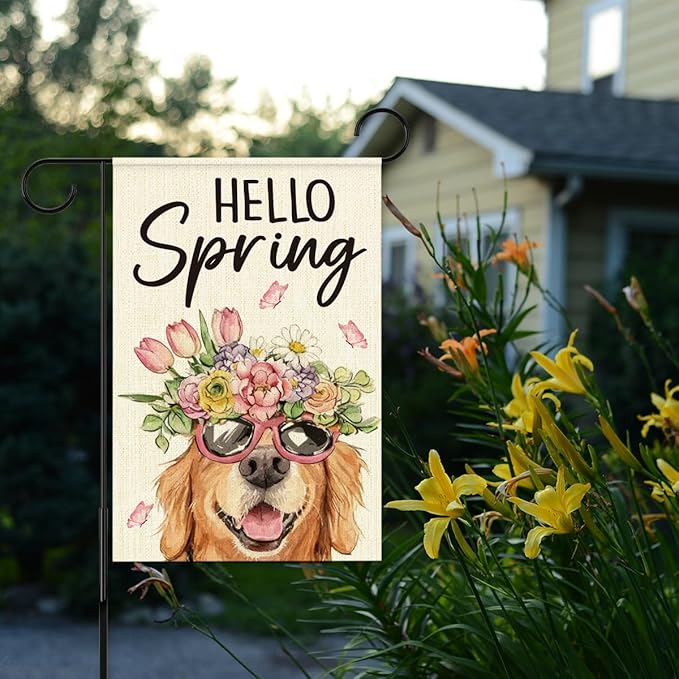 Hello Spring Flags for Outside,Golden Retriever Garden Flag for Yard Patio Lawn Decoration,12x18 Inch Double Sided