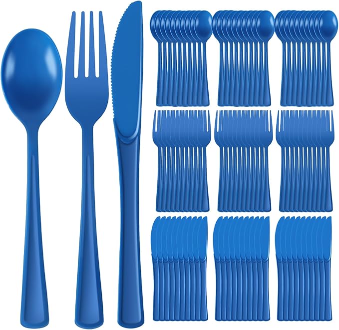 Plastic Silverware 300 PCS Disposable Silverware Heavy Duty Utensil Sets 100 Of Each Forks Knives & Spoons Disposable Cutlery Set For Easter,Birthday,Baby Shower,Garden Party,Wedding(300,Blue)