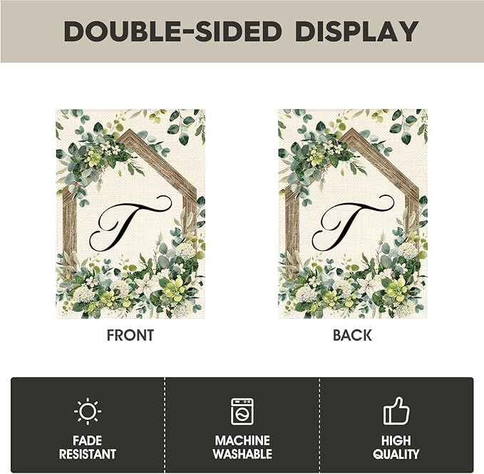 AVOIN colorlife Initial Letter T Monogram House Flag 28x40 Inch Double Sided Outside, Spring Floral Family Last Name Yard Decoration