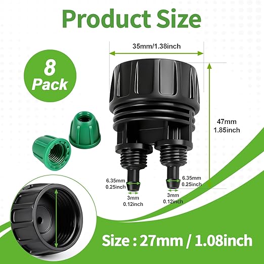 RedChili 8 Pcs 3/4" Garden Hose Adapter to 1/4" Drip Irrigation Tubing Fittings, 3/4 Inch FHT to 1/4 Inch 2 Way Drip Tube Barbed Locked Nut Connectors Female Faucet to 1/4" Water Line Adapters