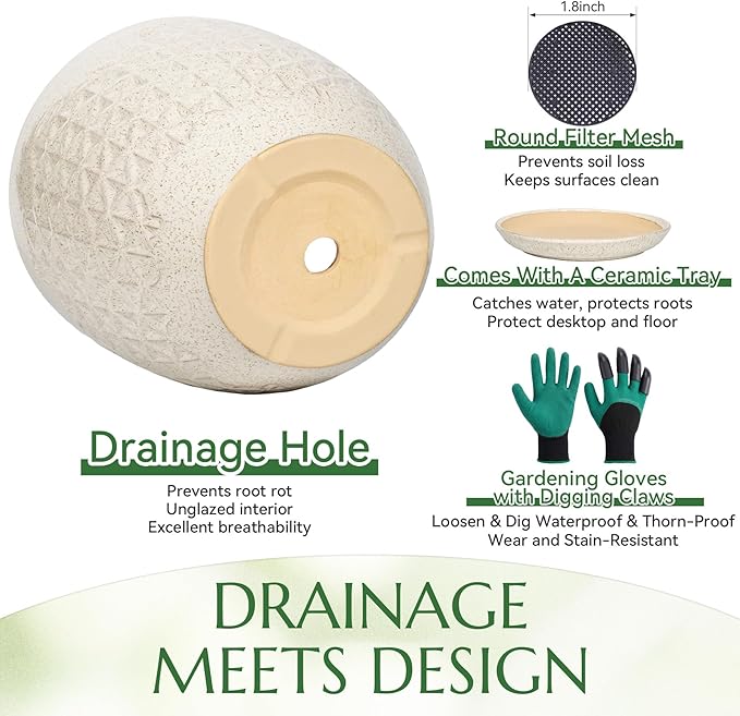 11.8 Inch Flower Pots for Indoor Plants,Ceramic Planter with Saucer Drainage Leak-Proof Mesh Gardening Gloves (Silk-White)
