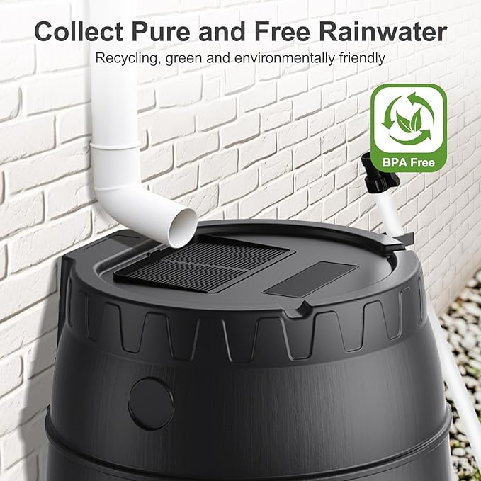 EJWOX Rain Barrel with Stand to Collect Rainwater from Gutter, Heavy Duty BPA Free Rain Water Collection Barrel with Spigot and Filter (45 Gallon, Black)