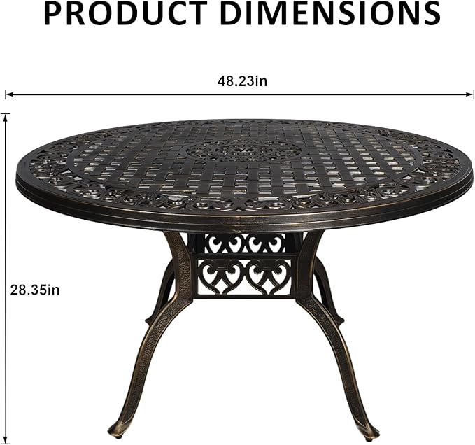 48.23" Patio Dining Table, All-Weather Cast Aluminum Table with 2.36" Umbrella Hole, Patio Furniture Table, Outdoor Dining Table for Backyard and Poolside