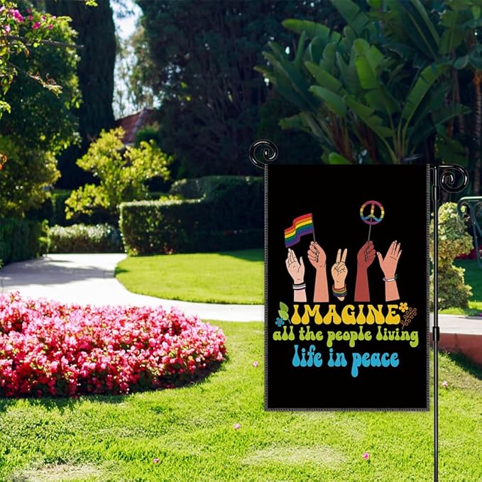 Imagine All The People Living Life In Peace Double Sided 12 x 18 Inch Outdoor Indoor Decor Flag, LGBTQ Flag
