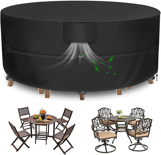 Patio Furniture Set Covers Round, Extra Large Outdoor Table Cover Waterproof, Heavy Duty Outdoor Table and Chair Set Cover of Outdoor Furniture, 110"Dia x 28"H, Black