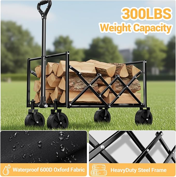 Lightweight Folding Wagon with Extended Tailgate, Large Capacity Collapsible Grocery Cart, Heavy Duty Foldable Shopping Carts, All-Terrain Outdoor Utility Carts for Camping, Sports, Garden, 4.5 Cu Ft
