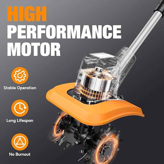 SOARFLY Upgraded Cordless Tiller for Gardening with Dual 4.0Ah Batteries, 48 Steel Tines Battery Rototiller, 9" Width 6.6" Depth Garden Tiller Cultivator for Soil, Tending & Composting (Orange)