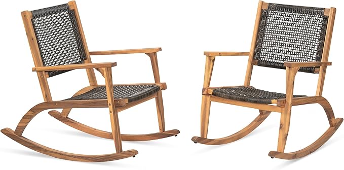 Merax 2-Piece Patio Rocking Chair Set, Acacia Wood Outdoor Rockers with PE Wicker Rattan Seat & Backrest, Comfortable Garden Porch Chairs for Backyard, Balcony, Poolside