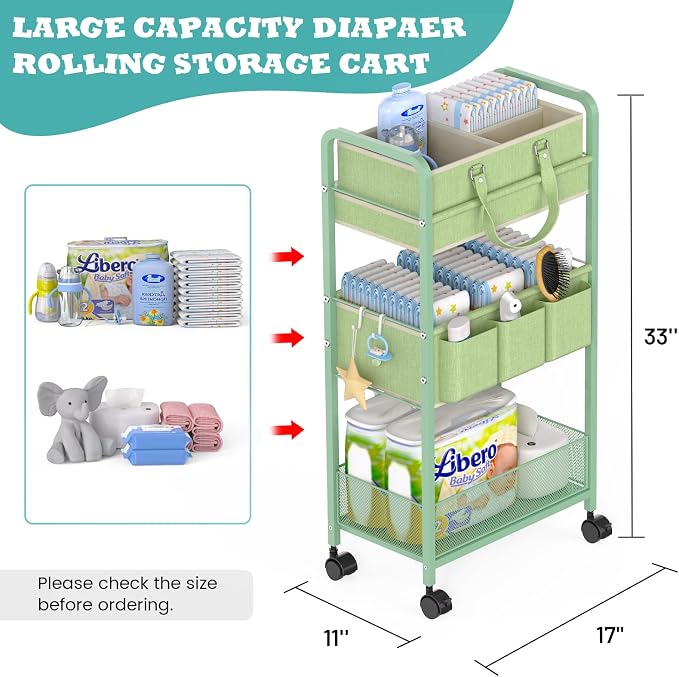 LIDTOP 2in1 Baby Diaper Caddy Organizer Cart, 3-Tier Rolling Cart, Metal Diaper Caddy Carts, Bedside Carts for Nursery Essentials Storage, Detachable Dividers, Large Capacity, Green