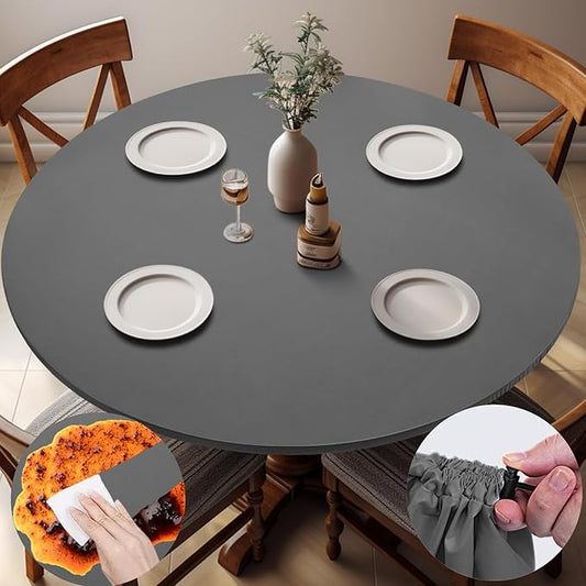 Fitted Dark Grey Black Round Tablecloth for 45-54" Tables Modern Non Slip Water Resistant Table Covers Spring Autumn Outdoor Garden Essential College Dorm Things Apartment Kit
