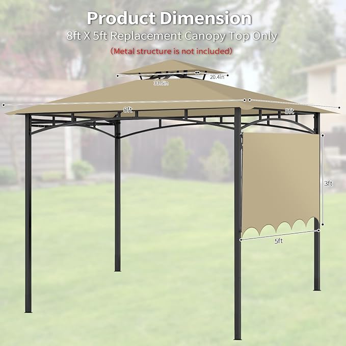 Grill Gazebo Replacement Canopy Top Only - 5' x 11' Outdoor BBQ Gazebo Canopy Roof with Extra Side Awning, Waterproof Double Tiered Shelter Cover (Khaki, 5x11)