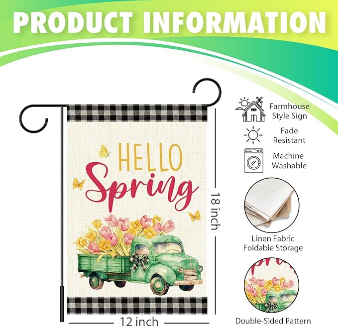 Hello Spring Flags for Outside,Buffalo Plaid Floral Truck Garden Flag for Yard Patio Lawn Decoration,12x18 Inch Double Sided