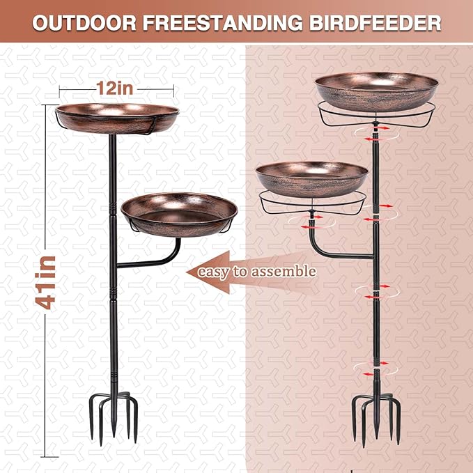 Metal Bird Bath for Outside, 41in Standing Bird Bath Feeder Bowl, Outdoor Freestanding Birdbaths Bowl, Double-Layer Bowl Bird Bath Stand for Garden Yard Patio Outdoor Decor, Upgraded 5-Pronged Base