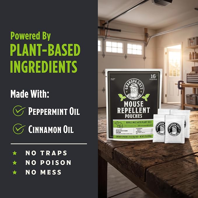 Grandpa Gus's Mouse Repellent Pouches, Natural Peppermint Oil, 16 Pouches | Cinnamon & Peppermint Oil Helps Repel Mice from Nesting in Home/Cabin/Boat/Car Storage/RV/Machinery/Shed, Kid & Pet Safe