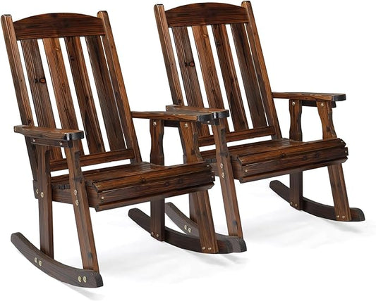 VINGLI Outdoor Rocking Chair, Heavy Duty 600 LBS Wooden Rocking Bench with Comfortable Backrest, Weatherproof Patio Rocker with Ergonomic Design, Wood Rocking Chair for Patio, Garden (Rustic, 2 PCS)