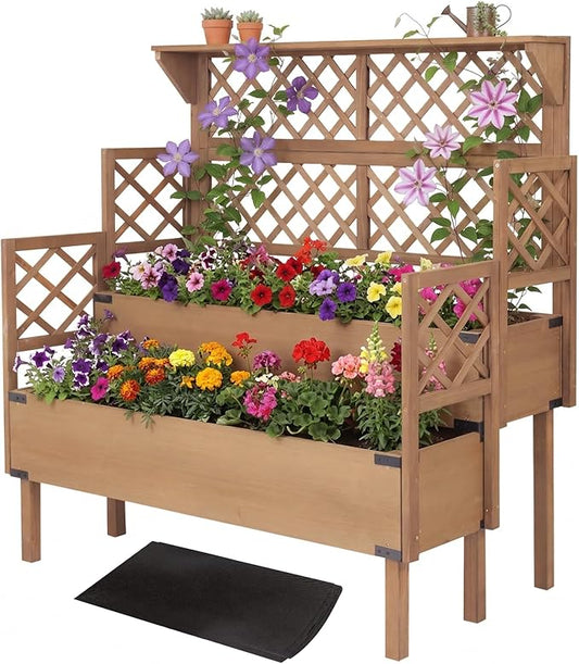 Raised Garden Bed with Trellis, 2-Tier Elevated Planter Box, Wooden Outdoor Planter for Vegetables Herbs Flowers, Lattice Back for Climbing Plants, Modern Minimal Design for Patio Balcony Backyard