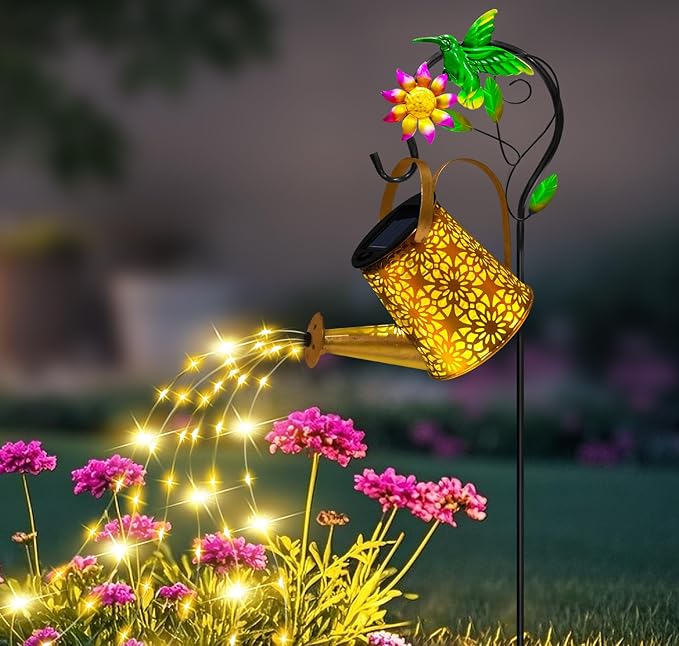 Solar Metal Watering Can with Hummingbird Shepherd Hook and Cascading Lights, Outdoor Solar Lantern for Garden, Yard, Patio Decor and Gardening Gifts for Women Mother's Day