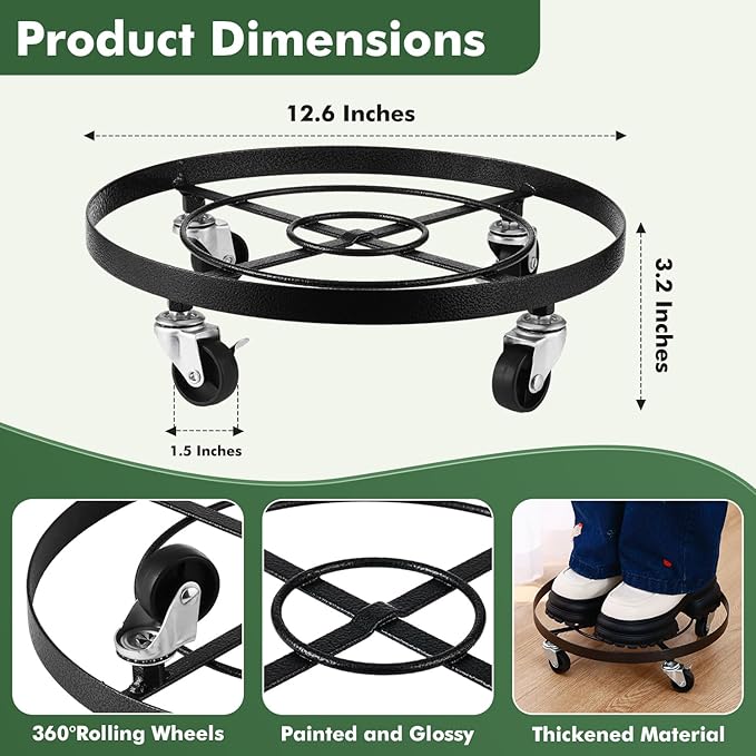 3 Packs Large Metal Plant Caddy 12.6” Plant Dolly with Wheels Heavy-duty Wrought Iron Rolling Wheeled Plant Stand with Casters for Indoor and Outdoor Plant Pot Rollers, 12" Clear Plant Saucers Included