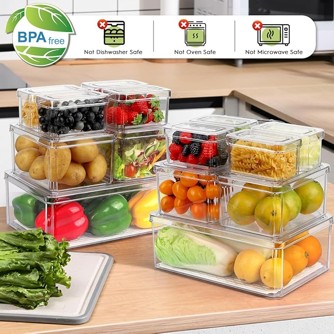 14Pack Fridge Organizer, Stackable Refrigerator Organizer Bins with Lids
