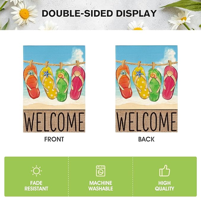 AVOIN colorlife Summer Beach Flip-flop Garden Flag 12x18 Inch Double Sided, Welcome Seasonal Holiday Burlap Yard Outdoor Decoration