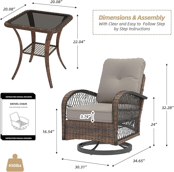 MELLCOM 3 Pieces Patio Furniture Set, Outdoor Swivel Rocker Patio Chairs, Wicker Patio Bistro Set with Rocking Chair, Thickened Cushions and Glass Coffee Table for Backyard, Garden, Grey